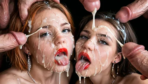 (Macro photo), (extreme close up:1.2), front view, Photorealistic, high resolution, professional photography, close-up of lips, zoom in on lips, red lipstick, short smooth ginger bobcut hair, topless, cum dripping from chin, tongue sticking out, black background., 3+men, surrounded by dicks, masturbating, (ejaculation:1.6), (Cum details), realistic cum, Prominent cum, (white cum:1.7), cum on, (Cum flows:1.2), (cum on body:1.3), cum on head, (cum on face:1.3), bukkake, ((body covered with semen)), cum, face, Face covered in cum, (A lot of cum:1.5), <lora:JustCum:.9>, <lora:cum_in_eye_deepmind:.9>