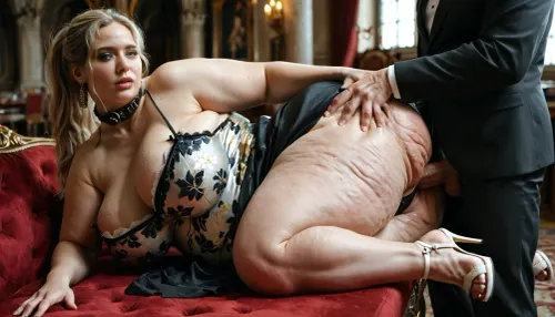 (realistic:1), (2men, 1girl), they are older, skinny, horny men, older gentleman and his butler, ((they are dressed in a grey or black suit)), (both men are fully dressed:1), wearing black shoes, they have small cocks, in the Living room of the victorian castle, The 28-year-old very sexy, extreme fat, obese, cellulite, fat rolls blonde Swedish ssbbw woman had a ponytail, a beautiful chubby, double chin face, chubby, blue eyes, no makeup, very realistic, best quality, highly detailed, a wobbly, fattened figure and medium-sized breasts, collar, ((she wears a semi-transparent short summer dress with a clourful floral pattern)), lace panties, no bra and white high heeled sandals, sexual scene, (groped and fucked by 2 men), anal, rough sex, hardcore, perfect illumination, (best shadow), 8k, <lora:MJ52:.5>, <lora:add-detail-xl:.5>, close up
men grabbing hard and deep in her fat, sagging belly !!