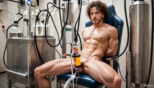a man sitting tight on a chair, small hard cock, solo focus, nude, glans, (penis milking machine), penis milking, cum milking, sitting, bondage, restrained, machine moving, cock torturement, suffering face