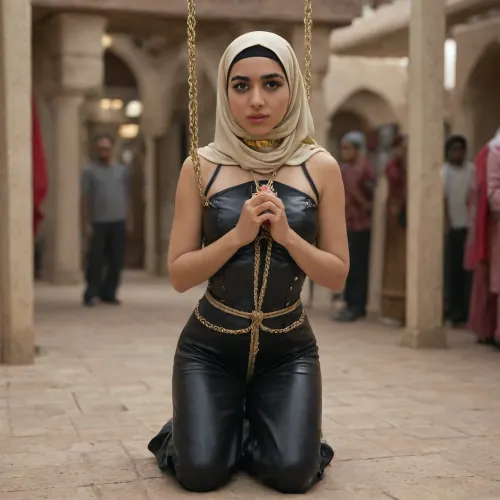 a young blonde woman with leather hijab, leather pants, leather corset, anxious, messy harem, arabic market, slave, collar, golden collar, slave market, bdsm, hanging shibari, hanging in the air, dumb face, blonde hanging on leather straps, strict muslim hijab, shiny hijab, shiny leather, golden chains shibari hanging, praying position