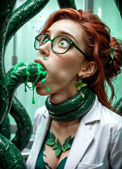UHD 8K, cinematic masterpiece, maximum quality, maximum details, maximum realism, insanely hot gorgeous cute redhead girl, perfect face, (beautiful), medium round perky breasts, (torn tight slutty poison ivy tights), lab coat, glasses, ((lab:1.3)), green tentacles, (((oral))), tentacle grabbing neck, green cum on chin, green cum leaking from mouth, green cum leaking from nose, green cum in tits, (shocked face:1.5), (((penetration by tentacles))), close up of face, (throat bulge:1.5), side view