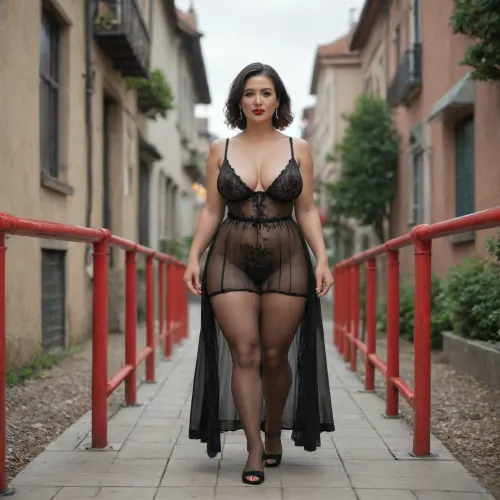 Milf, 35 years old, full build, big tits, plump lips, bright red lipstick, black hair, perfect anatomy, transparent bra, transparent thong, stockings, stilettos, transparent short black dress, walking on rails, full length, <lora:220437_training_data:1>