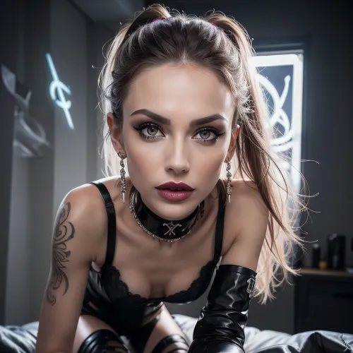 look at viewer, 18 year old model, strict black Hair ponytail, choker, lots of tattoos and piercings, ((glowing runes on body)), lots of smoke, big Fake lips, silicone lips, skinny, perfect medium tits, bangs hair, black eyeliner, navel piercing, (her face close to viewer), (focus on face), knee high stockings, pierced nipples, cupless, d, her arms stretched up, evil flames, menacing smoke, (on all fours), demonic tail flailing, cowgirl posing, suck, vaginal sex, glowing uterus vagina, (skinny body), thin, slit pupils, she takes his life force, big plump lips, rich lipstick, colored magical smoke, latex_bra, pov, close-up, masterpiece, lingerie, ((super detailed professional photography)), photorealism, DSLR camera, best quality, best resolution, with UHD resolution, perfect composition of light and shadows, the brightest image, clear focus, depth of field, perfect body, perfectly detailed skin texture, perfectly symmetrical face, 32k, 30 mm lens, 1/250 s, f/2.8, ISO 300, ziprealism, detailxl, <lora:Yana_Koshkina:.3>, <lora:weight_slider_v2:-1>, <lora:detail_slider_v4:.1>