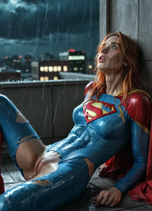 RAW image, Canon EOS R3, DSLR photo, 8k, best quality, (masterpiece:1.1), (realistic, photo-realistic:1.2), ultra high res, ((muscular), (fit and muscular)), backlight, (18 year old woman, redhead, beautiful), (woman's face post-orgasm:1.2), (close view of face:1.3), (wet hair), rain, ((rainy weather)), a dark raining city rooftop, ((rooftop)), ((toned shiny sexy supergirl, full-body catsuit)), (shiny catsuit), (ultra-thin catsuit material), (red platform boots), (on back with legs spread on a dark Skyscraper roof), sprawled on back, (head turned and laying on the ground), (body arched over broken and crushed metal rooftoop air-conditioner), (broken rooftop pieces laying around), (lying on top of wreckage), (side view near face), (mouth hanging open, vacant stare, eye roll:1.3), (watery cum is flowing from the pussy:1), (magically glowing blue cum:1), jizzed, ((night, rain)), (torn clothes, revealing clothes:1.2), <lora:BUT_SDXL_SHS:.6>, <lora:add-detail-xl:.6>, <lora:DetailedEyes_V3:.5>, <lora:dark:.3>
