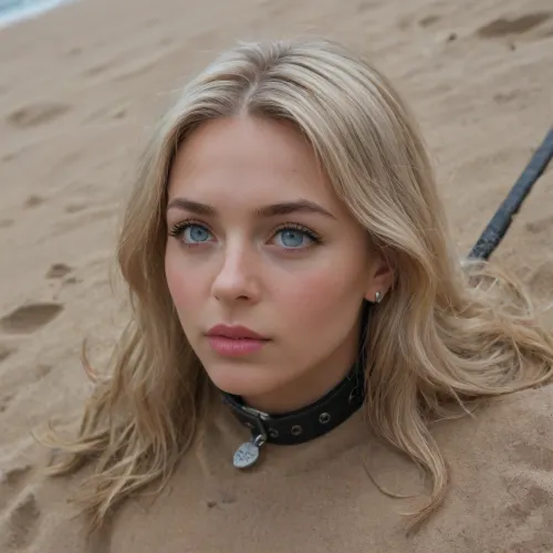 bdsm-scene, an old woman with old skin, leather collar and dark make-up is buried on a tahiland beach, (stuck in the sand:1.2), so that only her head looks out of the sand, blonde hair, long hair