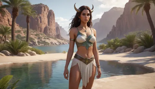 **Запрос, ** A cinematic fantasy scene of a desert oasis at sunset, A 25-year-old tan-skinned elf with a cute face, (soft features, large dark eyes, high cheekbones, long wavy brown hair with silver streaks), wears a white leaf-patterned silk tunic, leather belt, and sandals, standing calmly near a crystal-clear water pool surrounded by palm trees, blooming bushes, and rocky cliffs. Opposite her, a mutated minotaur with a scaly gray-green bull head, extra eyes on the forehead, grotesque muscular mutations, and a bone amulet stands tense but curious, his posture rigid yet non-aggressive. The distant low-angle view reveals vast dunes under an orange-violet sky, golden sunlight casting long shadows and reflections on the water, with misty haze adding mystery. Realistic digital painting style with hyper-detailed textures, (fabric, scales, water), warm-cool color contrast, and cinematic lighting. Inspired by Anna Rose Bain, 8K resolution, Unreal Engine 5.