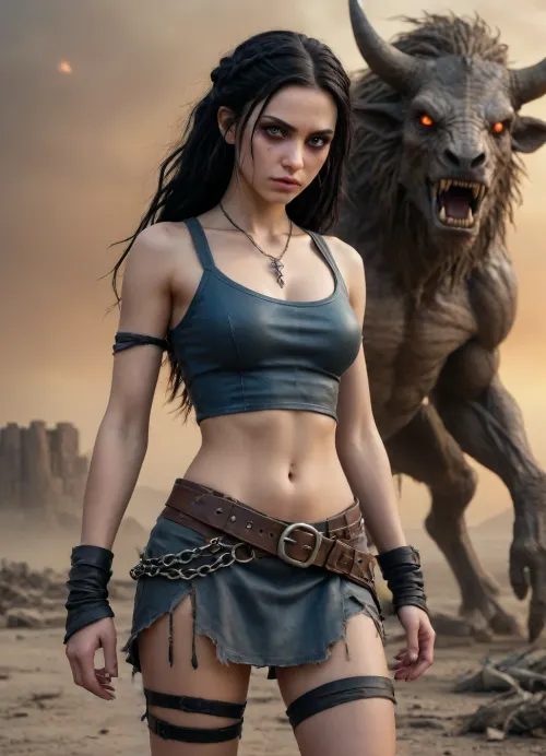 A 25-year-old desert survivor in a post-apocalyptic fantasy world that stands at the edge of a vast, cracked wasteland under an ominous gray-orange sky. The land is ruined and lifeless, littered with the ruins of forgotten civilizations and gnarled trees petrified by time.

The girl has long black hair pulled back in messy braids and dreadlocks, and fair skin with soft, doll-like features. Her big blue eyes are full of fear, but also charm. She is wearing a modest outfit made of stitched leather and torn fabric, a cropped top and a short skirt that accentuates her toned figure. She looks back at the monster behind her with a mixture of greed and strange attraction. Looming behind her is a monstrous mutated minotaur-over 10 feet tall, muscular and primal, with jagged obsidian horns, glowing red eyes filled with rage, battle scars etched into its flesh, and chains hanging from its belt. His body is a terrifying fusion of power and mutation-his armor is half-melted into muscle, his sinews exposed beneath a torn hide-and yet he has an undeniable animal magnetism." He stomps forward through the swirling dust and ash, stalking the girl with predatory concentration, his huge cock sticking out and wanting to plunge into the cute elf's holes. Style, dark fantasy, dystopian apocalyptic setting, cinematic lighting, dramatic moment of action, high detail, sensual tension