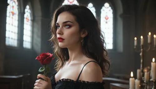 A vampire queen with blood-red lips, holding a black rose, gothic cathedral background, dramatic lighting