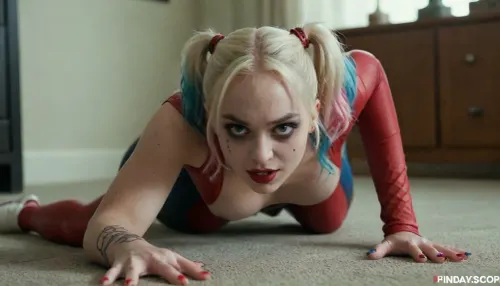 Harley Quinn, stands on all fours and caresses herself, fingering, pussy, <lora:2FingersSDXL_v03:.8>