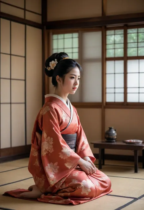 Japonaise totalement traditionnelle, elle est debout dans le salon d'une maison japonaise du siècle dernier.on voit sa poitrine généreuse et le sexe . Elle est noir de peau, les cheveux très long jusqu'en bas du dos. . Décoration traditionnelle du Japon dans le salon .