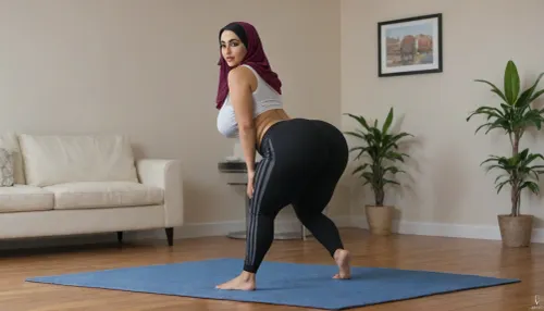 Arab girl, deep sleep She hides her face ،hijab, pants yoga, big ass, huge butt, big tits, hyper hips, hyper thighs, standing, Picture from Back