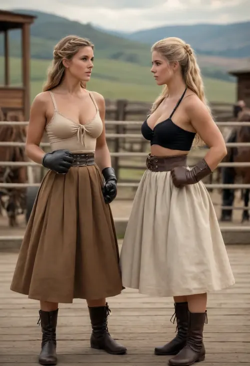Realistic and detailed image of two tanned and buxom 1870s women with bare breasts and long hair in a boxing ring wearing boxing gloves and a skirt. One of them is blonde and the other is brunette. The ring is fenced with simple ropes. In the background, the stagecoach is decorated with exquisite details, polished wood panels, brass fittings and large spoked wheels, which creates a striking contrast with the women's attire. A rustic landscape with hills and a dirt road is depicted in the background, which further emphasizes the authenticity of the 1870s setting.