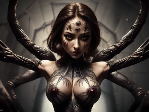 ((Photorealistic)), Beautiful, arachne woman, Human upper half, (spider lower body), large breasts, masterpiece, best quality, highly detailed, arachnecpt, <lora:add_detail:.4>, <lora:realistic_quality:1.1>, <lora:arachne_cpt_v01:.8>