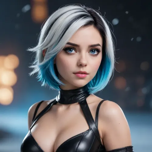 Luna snow de marvel rivals, luna tiene 18 años de edad, cara hermosa, (ojos claros), (Blue eyes), piel muy blanca, cuerpo completo., trasero grande, pequeña cintura, cabello negro con blanco, ((short black and white hair with blue highlights)), doing a stripetease in a pop music concert with snow, <lora:580159_training_data:1.7>, <lora:668315_training_data:.1>, <lora:Microwaist_XL_v01:.7>