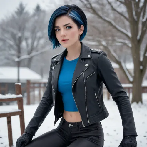 Luna snow de marvel rivals, luna snow de marvel comics., 18 yo, (((Short twocolor hair)), ((withe hair)), (Black hair)), (small black leather rocker jacket), (blue eyes), small blue top ., in the snow, <lora:580159_training_data:1.7>, <lora:668315_training_data:.1>, <lora:Microwaist_XL_v01:.9>