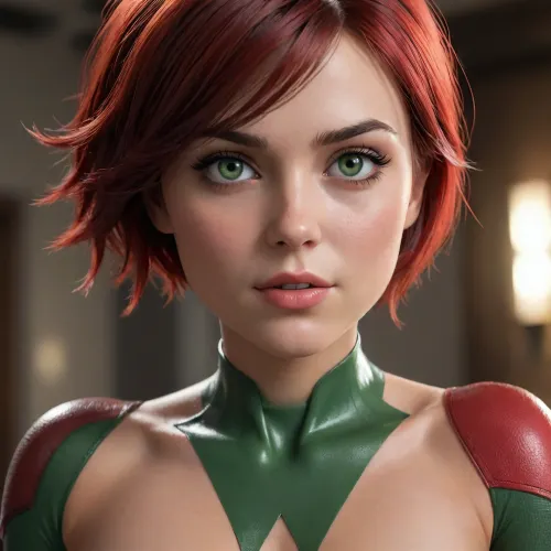 peni Parker de marvel rivals, peni tiene 18 años de edad, cara hermosa, (ojos claros), Green eyes, piel muy blanca, cuerpo completo., trasero grande, pequeña cintura, (traje de peni Parker rojo con blanco), cabello negro con rojo, nude small breasts, <lora:580159_training_data:1.7>, <lora:668315_training_data:.1>, <lora:Microwaist_XL_v01:.7>