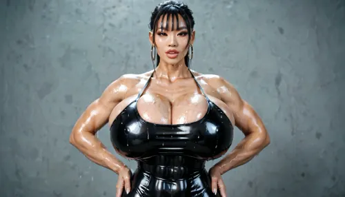 a 18-year-old woman, asian, in tight wet and oiled latex clothes, gigantic breasts, huge fake tits, big tights, little cut hair, largest tits, front view, biggest lips in the earth, lips huge, definied abs, nsfw