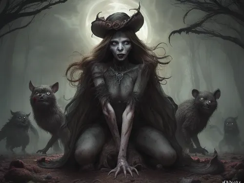(in the style of by omar rayyan:1.8), (Create a vivid and captivating scene where a powerful Ghoul:1.5), with a commanding presence, leads an army of man-sized mole-like creatures through the labyrinthine tunnels of an underground world. The Ghoul should exude an aura of dark authority, with its otherworldly features and a sense of malevolent intelligence. The mole-like creatures should be both formidable and eerie, with their burrow-adapted bodies and a sense of loyalty to their Ghoul leader. A woman lost in a gloomy forest, (25-30 years old, Slavic appearance, with long brown hair gathered in a careless ponytail), completely naked and barefoot. Her face is distorted with horror, her eyes are wide open, her mouth is open in a silent scream. She runs, her body tilted forward, her arms flailing frantically, her hair fluttering in the wind. The pose is dynamic, full of panic and despair. Her shadow, distorted by the uneven moonlight, stretches behind her. The focus is on the woman, a third-person view, a slightly low perspective to emphasize the vulnerability of the heroine. The color palette is dark, dominated by shades of gray, blue and black, with blood-red flashes from the monster's eyes. The light of the moon creates sharp contrasts of light and shadow, emphasizing the feeling of anxiety and horror. Textures are rough, Depict the subterranean landscape with intricate tunnels, bioluminescent fungi and an oppressive, foreboding atmosphere. Emphasize the Ghoul's role as a dark general, leading this subterranean army to an ominous purpose. The image should convey the Ghoul's dominance and the allegiance of these mole-like creatures, as well as the otherworldly nature of this underground realm, blending elements of Urban Fantasy and Dark Fantasy., 0m1n0us, sw4mp