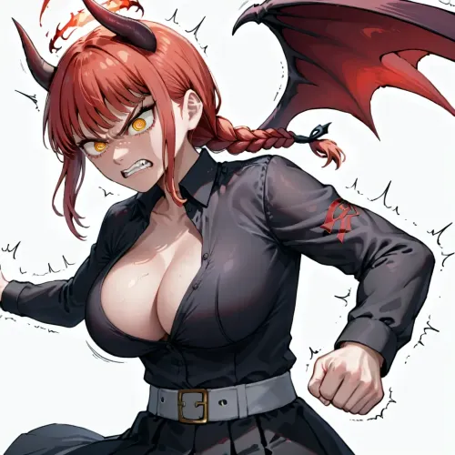 Makima from chainsaw man, big breast, body trembling, white background, demon fusion, horns, wings, demonic aura, angry, fight