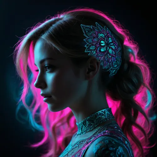 a woman silhouette, dark energy, intricate design, dark background, predominant pink tones, blacklight illumination, spot colors, very aesthetic, vibrant cyan hues. #©KITTYART



































#©KITTYART