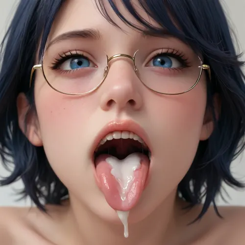 blJenya, black-blue hair, glasses, sweet, close up, no accessories, open mouth, cum in mouth, nude, 4k, full hd, ahegao, eyes look to me, POV, mouth close, kiss focus, tongue, mouth open, shark teeth, only mouth