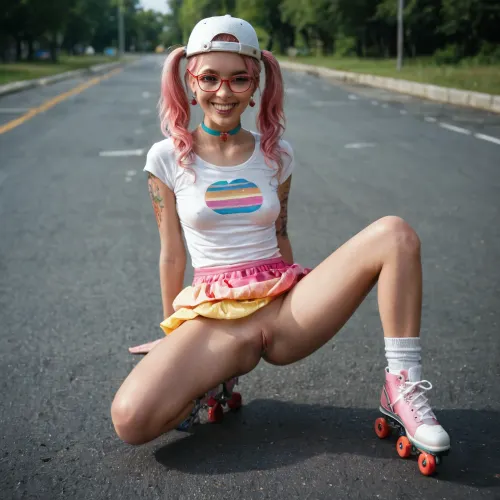 18 year old girl, English, Beautiful, roller skates, innocent looking, happy face, eye contact, blonde and pink hair, pigtails, perfect small breasts, long legs, slim, legs spread wide open, pubic hair, tattoos, white ankle socks, colorful skirt, tee shirt pulled up to show breasts, choker, glasses, hat, sat on a road, master piece, photo realistic, best quality
