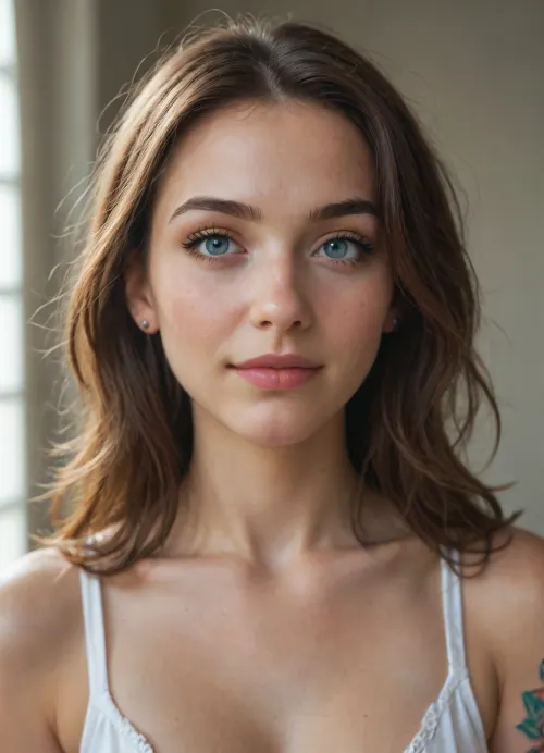 portrait of a mid 40s woman with long brown hair, blue eyes, light skin, subtle natural makeup, small nose piercing, soft smile, and a colorful tattoo on her upper chest, loose hair framing her face, photographed in natural indoor lighting, DSLR photo, shallow depth of field, high detail