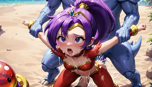 Shantae, dark purple hair, ponytail, tiara, 1 girl, on all fours, slender body, small breasts, fucked by Nidoking from pokemon, massive cock, ahegao, cum on back, Arms held back, ripped clothes, ripped shirt, front view, (((moaning:1.5))), (((arms held back:1.2)))