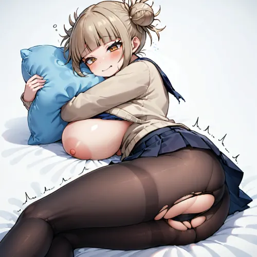 himiko toga, big breast, body trembling, white background, pantyhose, lying, torn legwear, sleepy look, hugs a pillow
