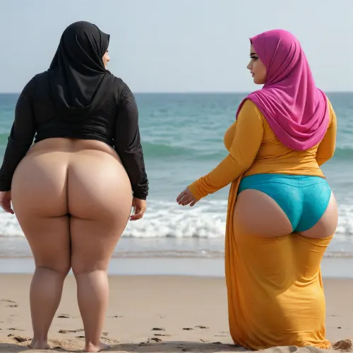 Ssbbw, two Woman arab hijab on beach, cellulite ass, big ass, fat cellulite