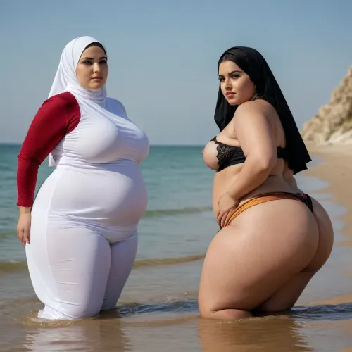 Ssbbw, two Woman arab hijab on beach, cellulite ass, big ass, fat cellulite