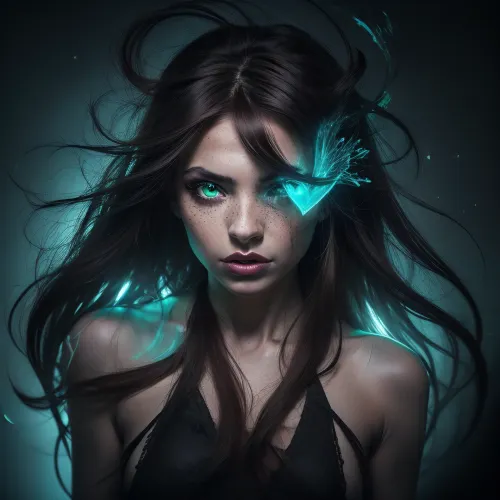 a coquettish woman with a very long hair, chaotic darkness, scribbled lines, surrender, polychromatic, anthropomorphic, humanoid, diffuse subsurface scattering, elaborate hairstyle, small breasts, realistic highly detailed large beautiful crystal eyes with light glowing {brown, blue, green} iris, heartshaped lips, freckles, lip gloss, aroused skin, olive skin, dramatic sunrise, ground-fog, fog, (blackened darkness mood), worm´s-eye view, night vision, parallax, double exposure, #©KITTYART