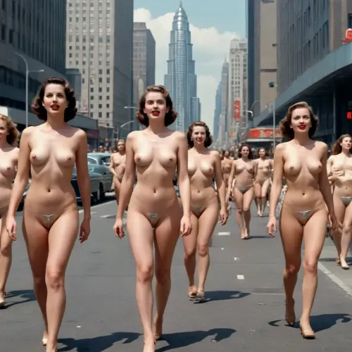 NaKed pedestrians and roketeers buzz about in a 1950's vision of a futuristic city, with bright chrome skyscrapers, flying cars, and happy, fit, naked people smiling and going about their day, perky breasts, trimmed pubic hair