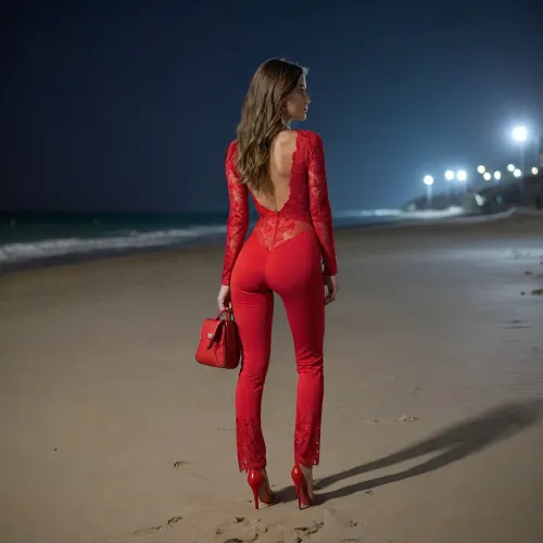 score_9, score_8_up, score_7_up, 1girl, 20 yo, small breast, realistic, long_hair, dark_skin, red tight suit, lace jumpsuit, suit with red pants, Pants flared at the ankles, little red bag, visible panties Lines under dress, round perfect ass, on sand, night time, Light from a flashlight, high heels shoes, Night scene, view from behind, Bareback, on a deserted beach, at night