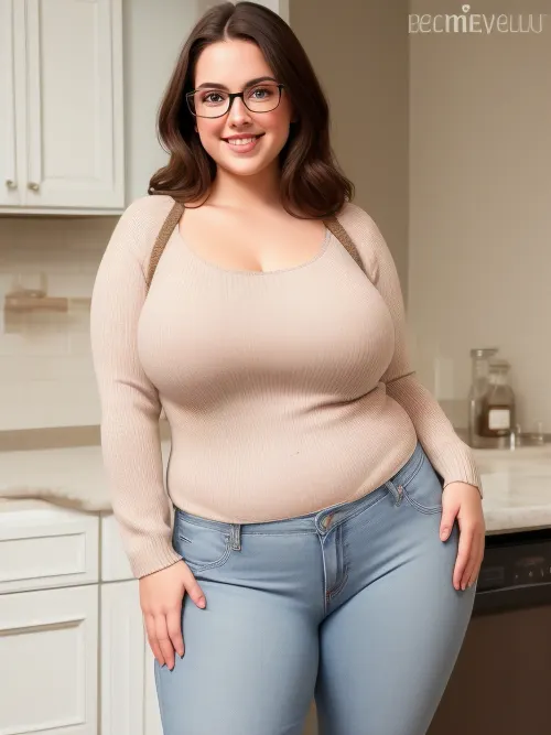 a chubby plain looking nerdy college girl wearing jeans and a sweater, curvy, glasses, large breasts, big hips and thighs, pale skin, brown eyes, standing in the kitchen, smiling, <lora:6f2fad6e709a7721ea77ca6055e7e2b2:.8>, c4rvy, <lora:Curvy V1:.8>