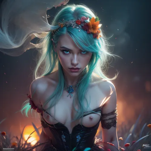 A slender beautiful adult woman, She has a beautiful shy faded face, elaborate hairstyle, small breasts, highly detailed large beautiful crystal eyes, light glowing {blue, green, brown, orange, yellow, cyan} iris, heartshaped lips, lip gloss, aroused skin, She wears a short transparent raffle top, She is in the flowers, romantic sunset, red, smoke, colorful and vibrant, mystical colors, iridescent perspective view, sweeping circling composition, non-representational, colors and shapes, expression of feelings, imaginative, long shadows, dreamy mood, detailed photo, photorealistic photo, realistic pretty women photo, realistic, night vision, soft fokus, parallax, overexposure, photo style, worm's-eye view from side, she kneels, cinematic, filmic, diffuse, #©KITTYART



































#©KITTYART