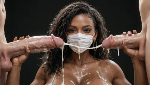 black african curvy woman, (wearing white facemask), (milf:1), dark eyes, massive breasts, amused, surprised, happy, licking the head of a massive cock of a white male with a gigantic thick 25 inch penis, huge erection, handjob, cumshot on facemask, (ejaculation:1.2), excessive cum on breasts, cum on facemask, cum dripping from facemask, black room, black background.