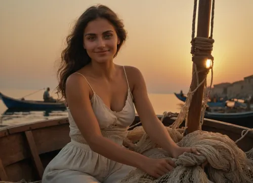 Poor Italian girl, 20 year old, piled fishing nets, loose sack-like clothing, deeply cut, (bare arms), frontal view, bare thighs, 19th century, fixing fishing net, wooden fishing boats, Tuscan village in background, port at dawn, warm light, petroleum lamp, sitting on rim of boat, smiling, eye contact