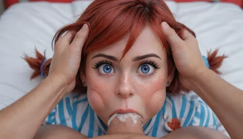 ((((((Wendy's mascot inspired character)))))), (18yo), (tight), ((((surprised)))), (huge dick), (creamy deepthroat pov), (cum), (hands holding hair), ((laying on white bed background))