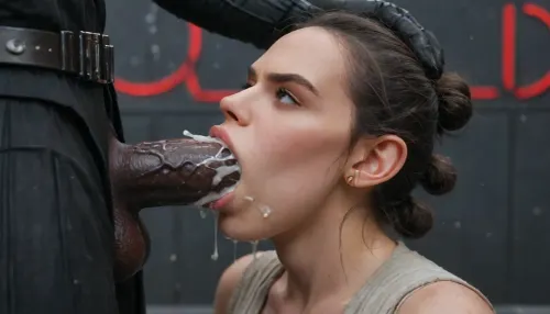 (Rey from Star Wars), (angry mad), (Darth Vader dick), (Darth Vader super white skin), (huge veiny wet dick), (((extreme painful creamy deepthroat))), ((cum)), (Star Wars starship background), <lora:Rey:.8>