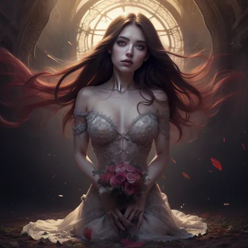 A time-lapse sequence with vibrant colors and rapid movements. A Macabre and Surreal Illustration of a woman in light pastels depicts a skeletal figure adorned with elaborate floral arrangements that blend elements of the Gothic and Symbolist art movements. Meticulously detailed. Strong contrast between the organic and inorganic. A somber and timeless atmosphere with a hint of nostalgia and history. The light source comes from the front and casts subtle shadows that enhance the three-dimensionality of the bones and flowers. The floral elements are rendered with great attention to detail, their soft petals contrasting with the sharp, angular lines of the skeleton. The flowers add a romantic touch to the work. The texture is smooth with delicate, precise lines and a polished finish. Masterful blend of horror and beauty. Provokes reflection on the transience of life and the inevitability of death.. romantic sunset, red, smoke, colorful and vibrant, mystical colors, iridescent perspective view, sweeping circling composition, non-representational, colors and shapes, expression of feelings, imaginative, long shadows, dreamy mood, detailed photo, photorealistic photo, realistic pretty women photo, realistic night vision, soft fokus, parallax, overexposure, photo style, she kneels, cinematic, filmic, scribbled lines, surrender, polychromatic, diffuse, #©KITTYART