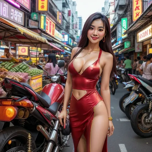 A slim, young Thai woman walks down a bustling Bangkok street, dressed in a chic, fitted Very low V cut fitted red with gold trim dress that shows her with her large buxom 38DD breast, that complements her graceful figure. She has long, dark hair and an inviting smile as she navigates the lively urban scene. The camera captures her full-body view, head to toe, with her large buxom 38DD.figure. She has long, as she passes by colorful market stalls, street food vendors, and the iconic energy of Bangkok’s city streets. The backdrop is filled with neon signs, motorbikes, and the buzz of city life, creating an authentic Bangkok atmosphere around her poised