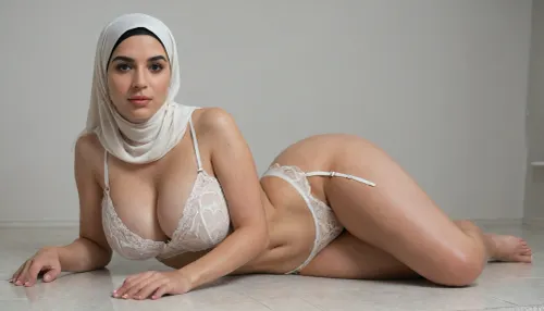 ebony, hijab, full body, photorealistic, laying, white background, white marble walls, white marble floor, bright room, best quality, afterglow, 4k, award winning photo, extremely beautiful, perfect face, beautiful face, classy bimbo, seductive look, round face, round cheeks, pointy chin, sexy, model, gorgeous, stunning, front view, hyper wide hips, birthing hips, huge deep cleavage, round hips, huge ass, thick thighs, waist, fake waist, perfect waist, hourglass shape, looking at viewer, wet body, big tits, thigh gap, crop top lifted up, breasts exposed, breast implants, heart shaped ass, lingerie, garter belt, hyper ass expansion, thong
