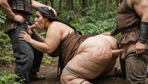 extreme fat, obese, fattened, cellulite, chubby, double chin face, inuit melanin ssbbw princess Pocahontas, with torn native-american brown dress, 2 long black braids, gangbang blowjob, pussy, groped and fucked by medieval soldiers in armor pants down, in the forest, <lora:Cine Princesses:.5>
