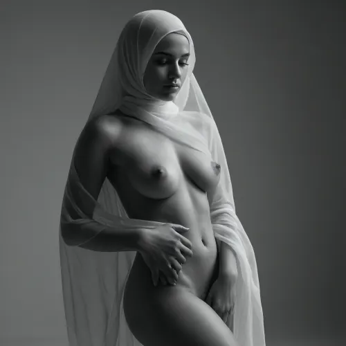 (A black and white fine-art nude photography-style image), of a curvy woman enveloped in sheer, delicate silk fabric, small, medium boobs, ((hijab)), upper body view in a vast, minimalistic white studio space. The fabric is ultra-thin and transparent, clinging to her form, revealing the pressure and tension where it presses against her skin. The interplay of light and shadow enhances the texture of the photo, straight hair, hairy pussy