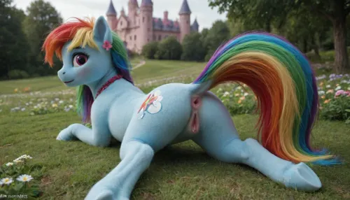 (Masterpiece), Pony creature from My Little Pony, teasing her pussy and anus, spreading anus by viewer hand, shes looking back, blue fur pony creature with rainbow hair, (surprised facial expression), fantasy shiny pink castle outdoor with fantasy flower grass background