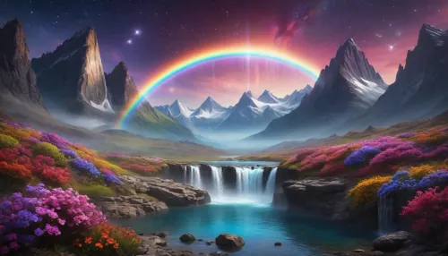 Surreal alien landscape, colorful glowing flowers of crystal, rainbow waterfall off a floating mountain, stars and florescent nebula