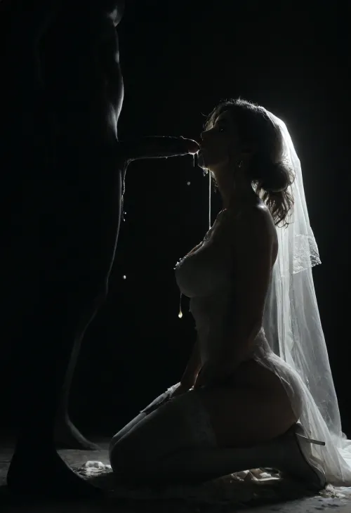 score_9, score_8_up, score_7_up, (4black man looking down), 3muscular black man, 3black giant thick penis, standing up straight, excessive cum, dripping on to Persian girl, cum, (((profile view))), cum shooting, cum dripping, (Persian bride kneeling), (bride looking up at male), zavy-slhtt, (((black silhouette))), monochrome, wedding dress, white stockings, white high heels, large breasts, tiny ass on female, JK, Style, Solo, <lora:JK:.7>, <lora:dark:.5>, bingnvwang, glow, <lora:星影:.8>