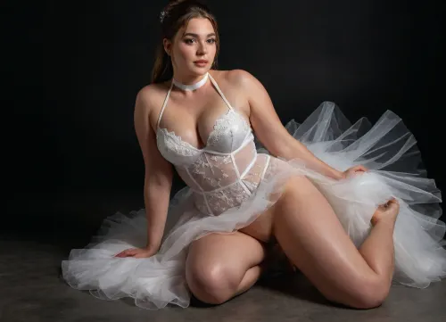 close up image, Design a modern wedding dress for a woman, featuring a bold and elegant upper part exactly like this, a sleeveless halter-style top made of glossy white satin with a crisscross neckline that ties at the neck, structured cups with underbust cutouts, and a sheer corset-style midsection with white boning and subtle floral embroidery, extending just above the waist. The lower part of the dress is a multi-layered tulle skirt with a modern, sexy sheer lace G string, voluminous silhouette, starting from the waist and flowing to the floor with a short train, (approximately 50 cm), . The tulle skirt is adorned with delicate, sparse floral embroidery and has soft, wavy edges. The dress includes a long bridal veil, (reaching the waist), made of sheer tulle with floral-embroidered edges, draped over the shoulders. The overall color is pure white, combining glossy satin, sheer mesh, and lightweight tulle. The dress should exude a blend of modern boldness and classic bridal elegance, perfect for an unconventional wedding. The setting is a minimal, dark photography studio with a sleek black background, soft spotlighting to highlight the dress’s details, and a smooth, reflective floor for a dramatic effect., underb00bhalter, bikini, swimsuit, plump, skindentation, chubby, bbw, venus, big, breasts, ass, detailed, eyes, perfect, freckles, skin, texture, photorealistic, close_up_detailed_shot_of1, full, body, all, fours, kneeling, spread, legs, top-down, bottom-up, single, leg, stepped, on, head, ground, <lora:triangle-bikini-XL-000006:2>, <lora:Chubby BBW - XL:.7>, <lora:Super_Eye_Detailer_By_Stable_Yogi_SDPD0:.7>, <lora:close_up_detailed_shot_of1:1.4>, <lora:SteppedOnHead-anxl31-000099:2>