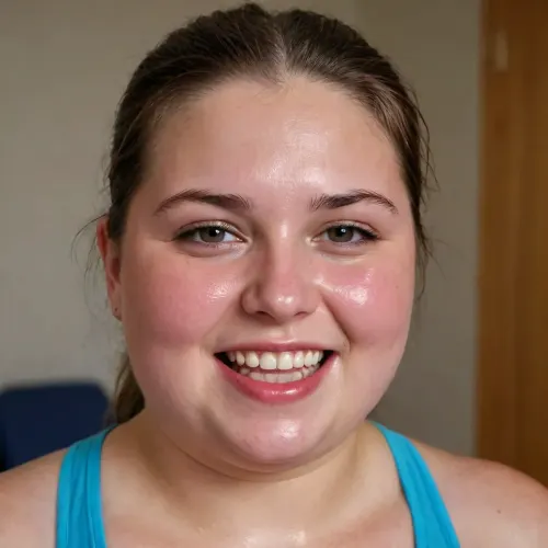 A young chubby woman, 20 yaers old, who has just finished training with the moist in her face, sweating, thick lips, body completely sweaty, exhausted and happy smile. in high definition., pitstain, pitstains, <lora:Sweaty_Realism_4-000006:2>, <lora:pitstainxl:.8>